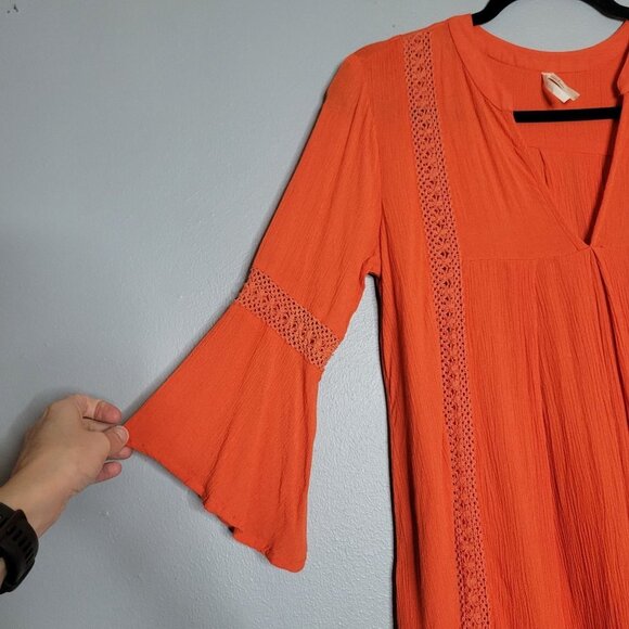 Moon Orchid Crochet Top Blouse 3/4 Flare Sleeve Pleated V-Neck Orange Size Small - Picture 10 of 10